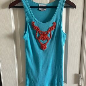 Michele Roy Blue Tank Top with Orange Accents